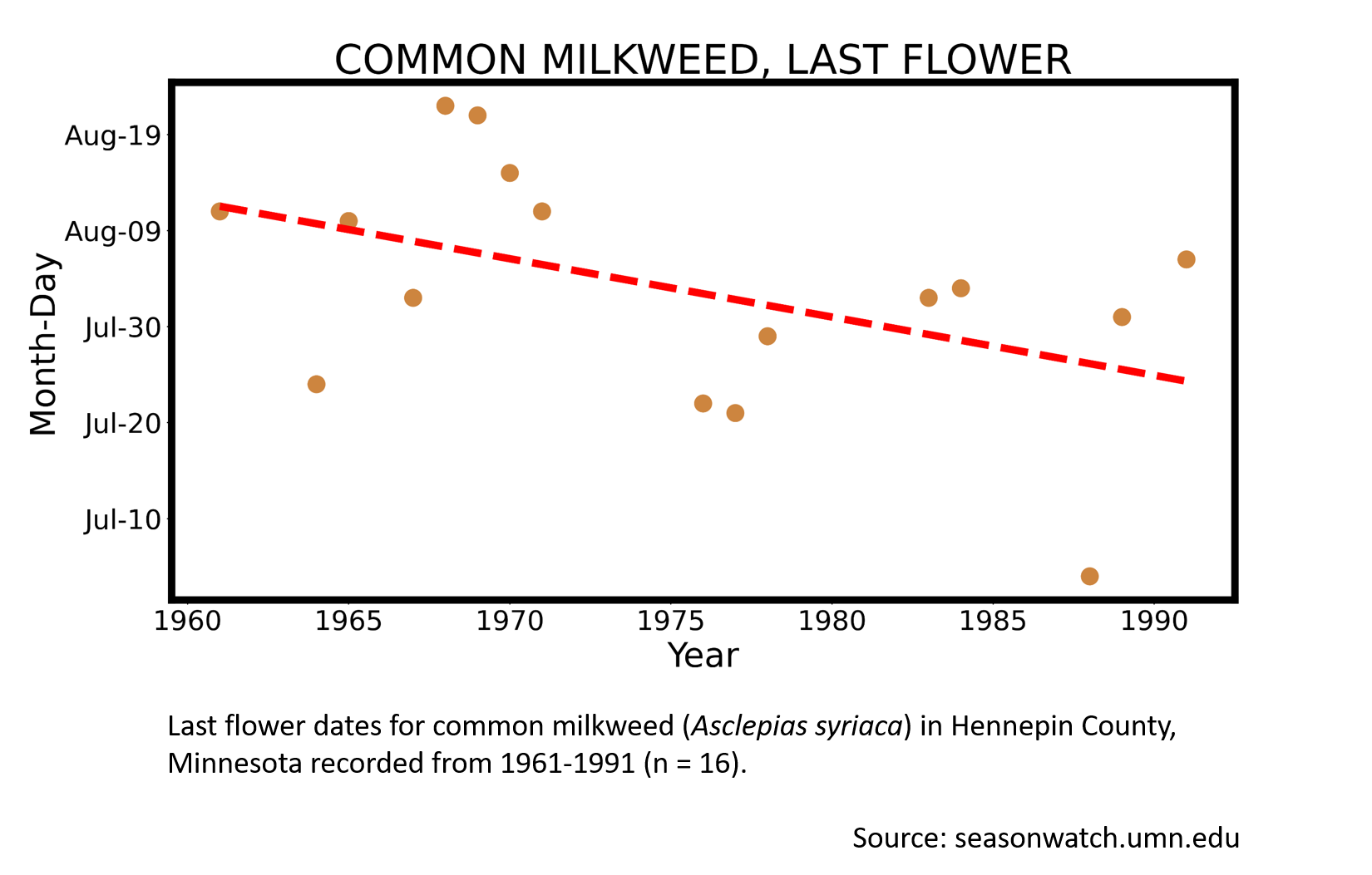 Scatterplot showing common milkweed phenology observations in Hennepin County, Minnesota
