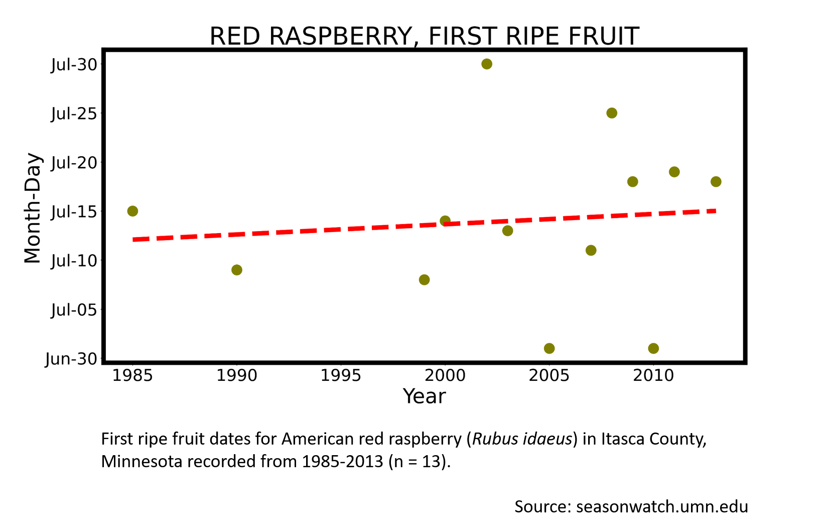 Scatterplot showing American red raspberry phenology observations in Itasca County, Minnesota