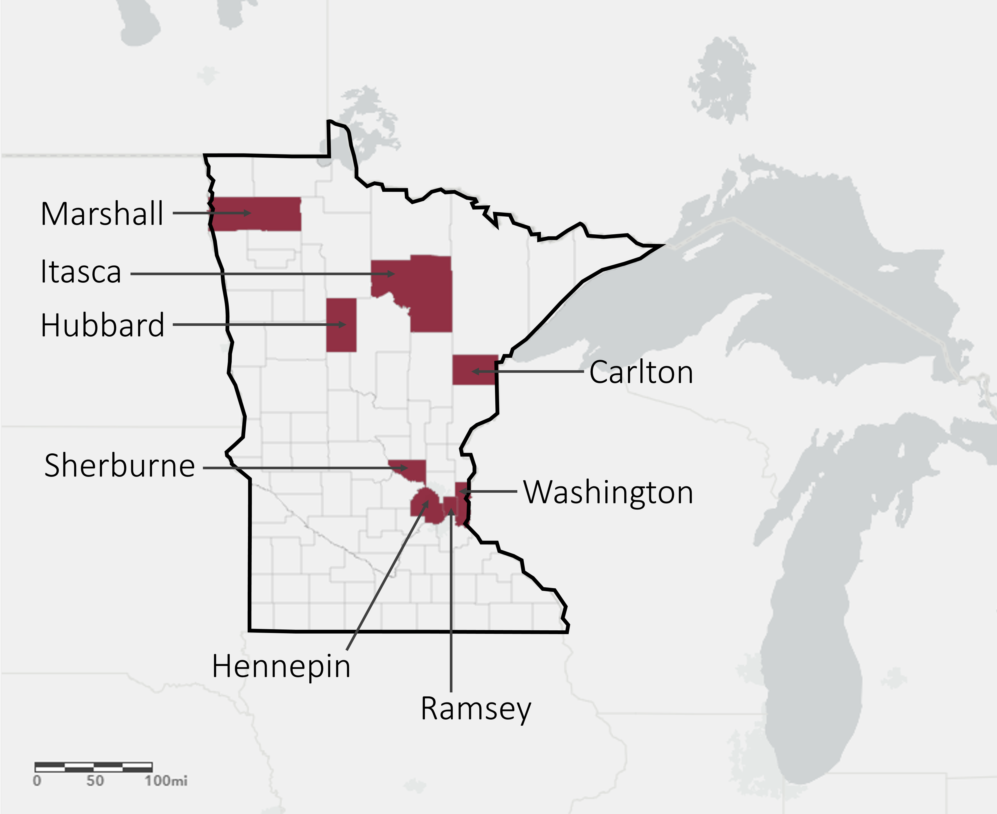Map of Minnesota with eight counties highlighted in maroon. The Counties are Carlton, Hennepin, Hubbard, Itasca, Marshall, Sherburne, Ramsey, and Washington.