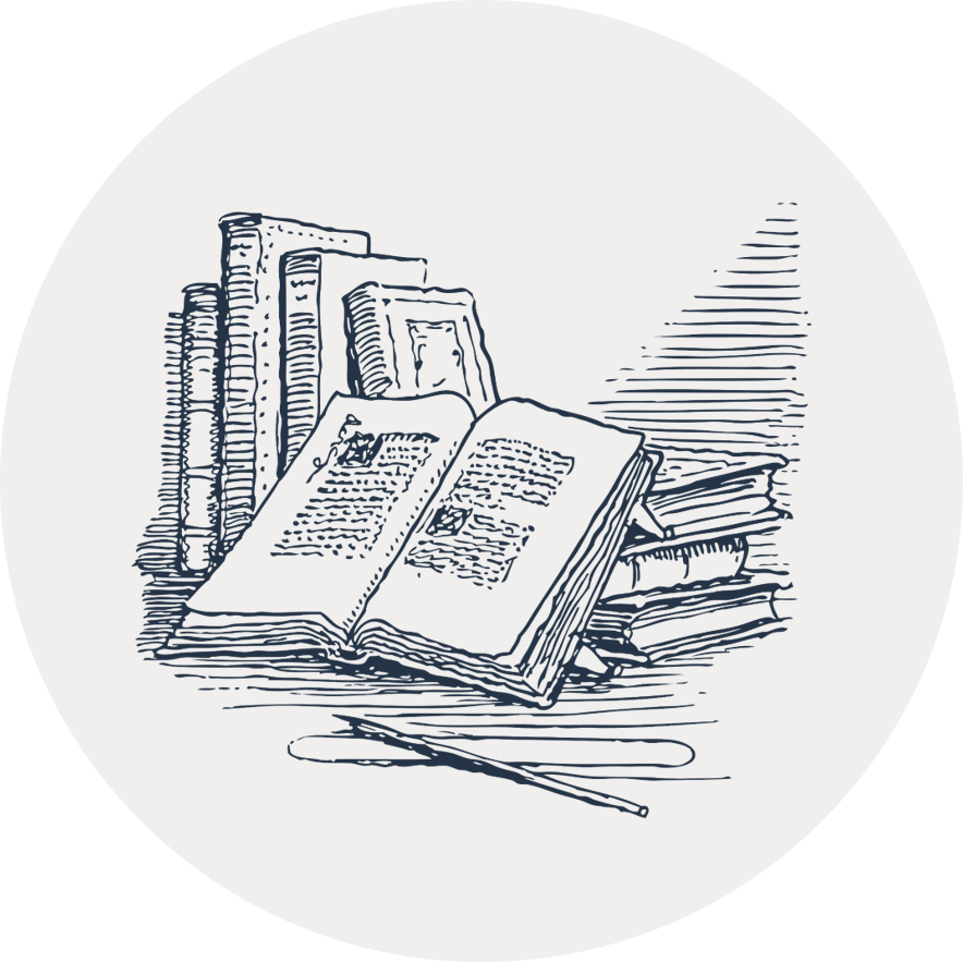 Gray circular icon with a line drawing illustration of books