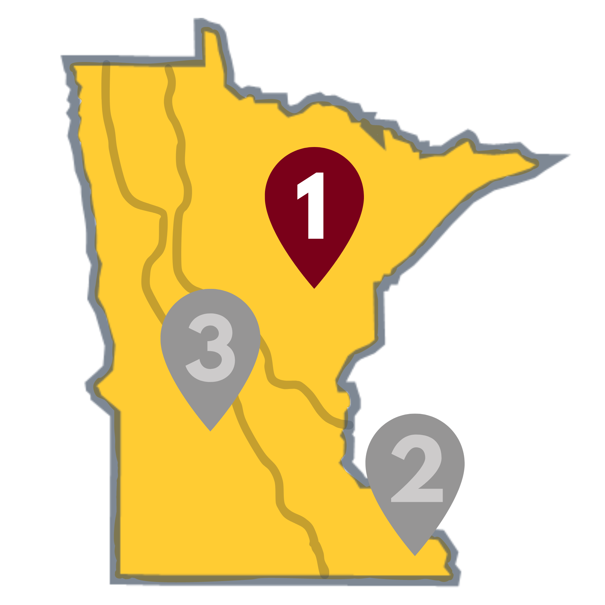 Yellow state of Minnesota with a maroon place marker (1) in the northeast.