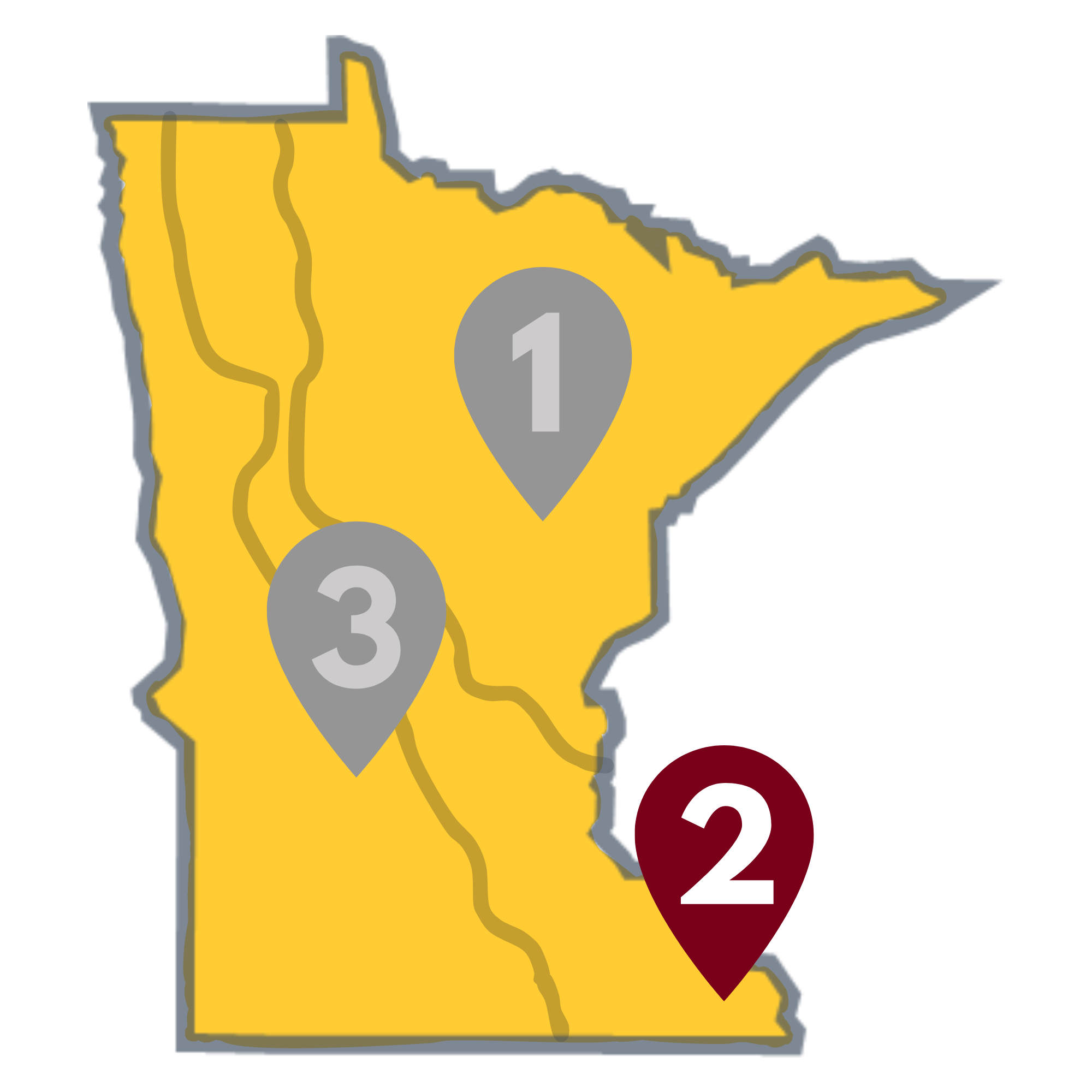 Yellow state of Minnesota with a maroon place marker (2) in the southeast.