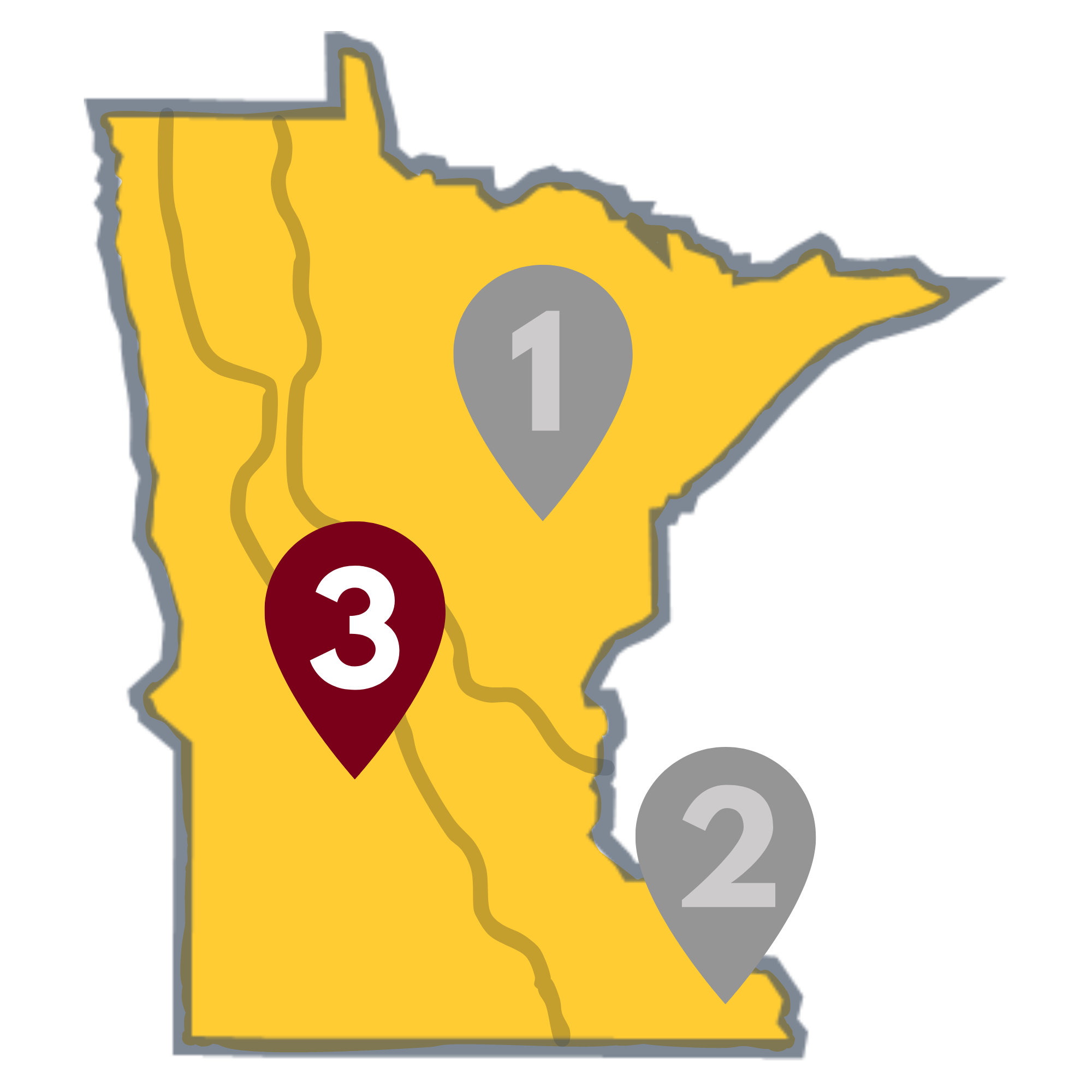 Yellow state of Minnesota with a maroon place marker (3) in the west