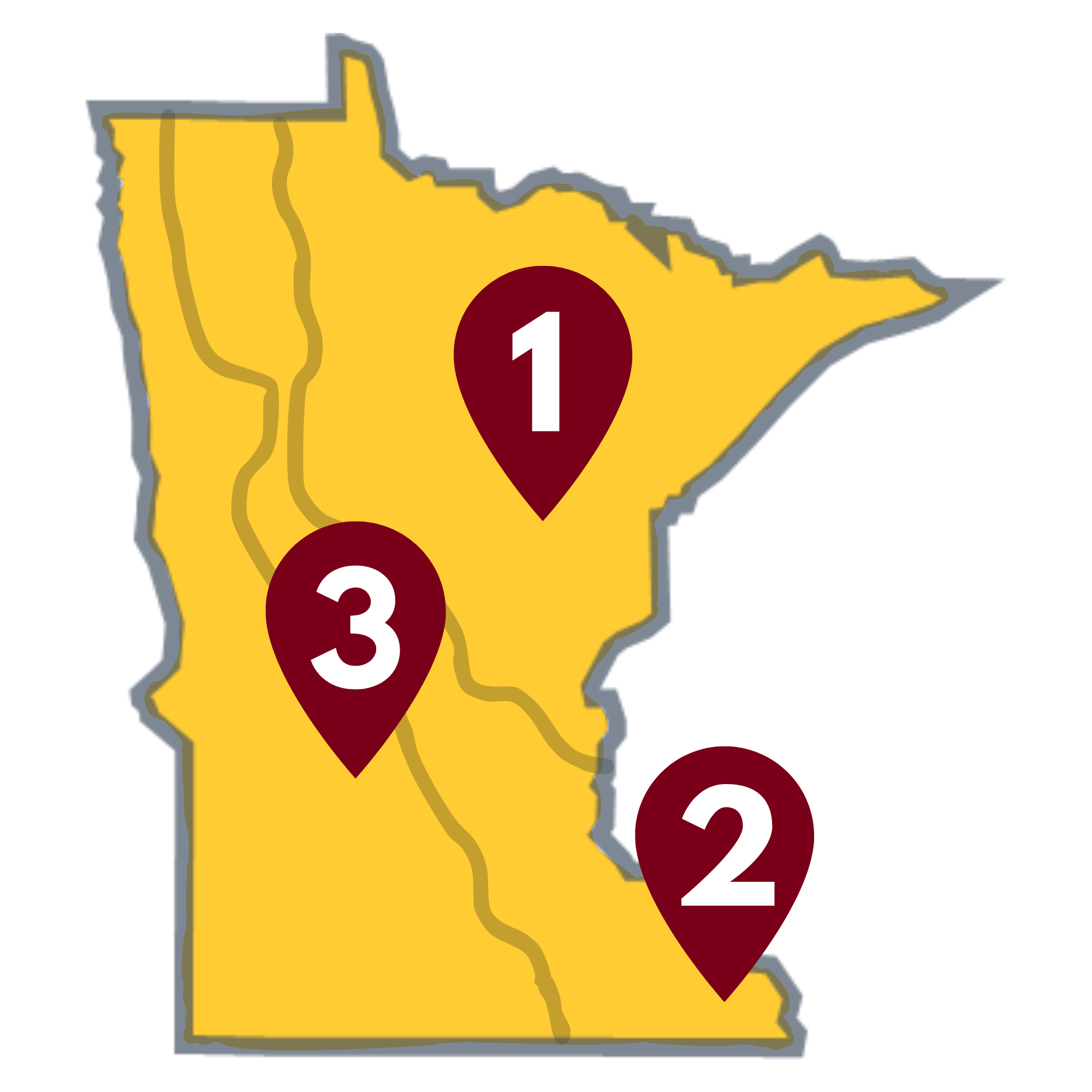 Yellow state of Minnesota with three maroon place markers numbered 1 (in the northeast), 2 (in the southeast), and 3 (in the west)