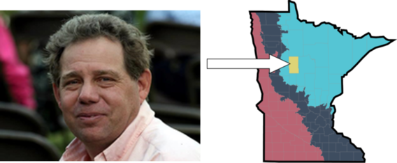 Photo of a white man next to a map of Minnesota with Hubbard County highlighted