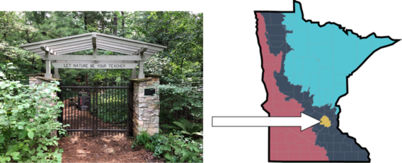 Photo of a garden gate next to a map of Minnesota with Hennepin County highlighted