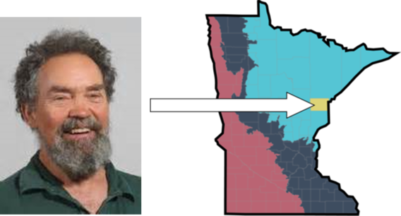 Portrait of Larry Weber, a white man, next to a map of Minnesota. An arrow points to Carlton County.