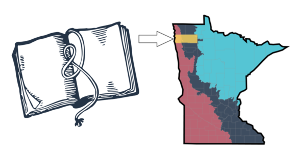 Drawing of an open notebook next to a map of Minnesota with Marshall County highlighted