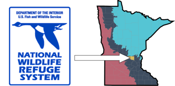 Blue and white logo for the National Wildlife Refuge System next to a map of Minnesota with Sherburne County highlighted