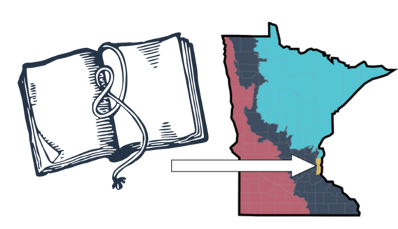 Drawing of an open notebook next to a map of Minnesota with Washington County highlighted