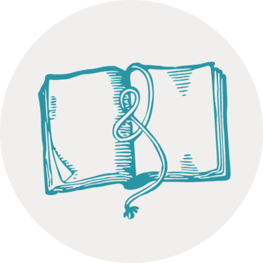 Circular icon with an illustration of an open notebook