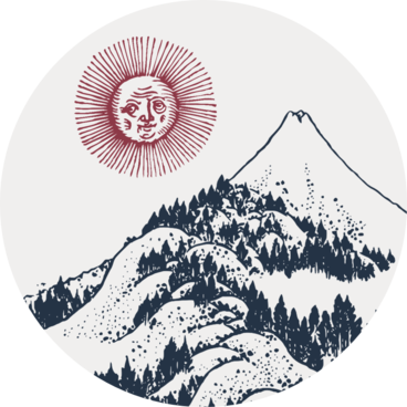 Circular icon with illustrations of a shining sun and a mountain with forested slopes.