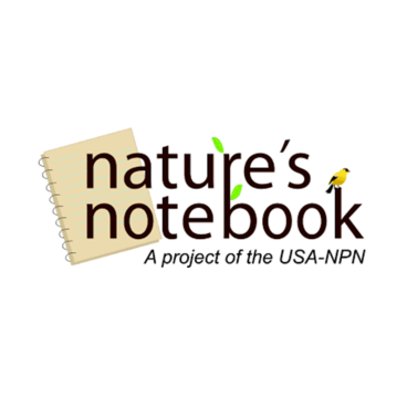 Nature's Notebook logo shows a spiral-bound book and the text is embellished with illustrations of leaves and a goldfinch.