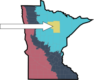 Map of Minnesota with an arrow pointing to Itasca County