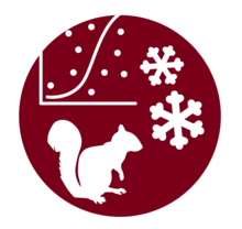 Maroon circle with white silhouettes of a squirrel, two snowflakes, and a simple graph with axes, datapoints, and a curved line going up