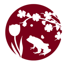 Maroon circle with white silhouettes of a frog, a tulip, and a branch with small five-petaled flowers.